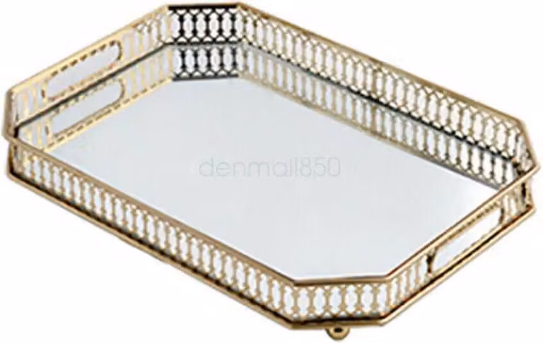 Vassoio decorativo e da portata rettangolare - Metallo con superficie in vetro - 35×25 cm - Portagioie e porta trucchi - Decorazione per soggiorno e camera da letto - Oro