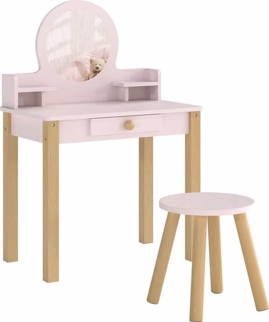 Set Toeletta Trucco per Bambina AIYAPLAY con Sgabello e Specchio in Legno di Pino e MDF, Colore Rosa