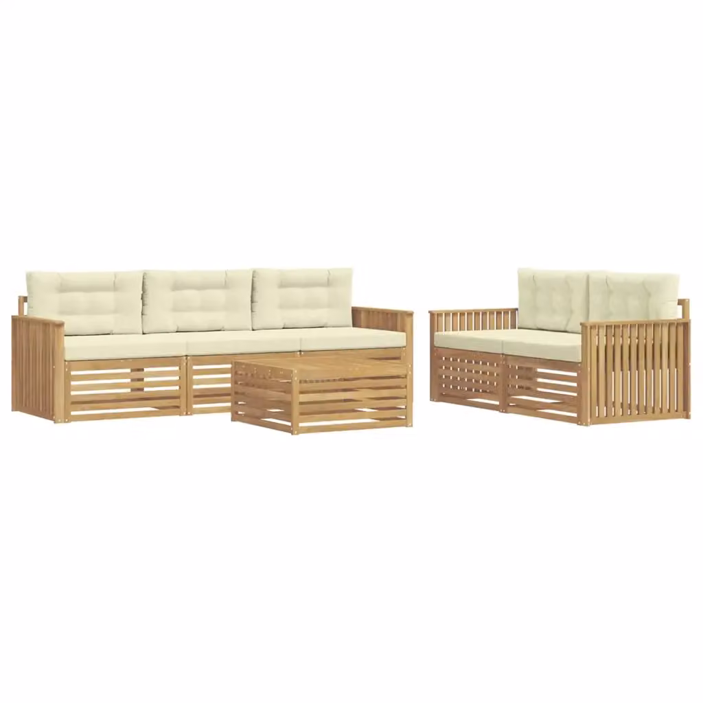 Set da giardino moderno vidaXL composto da divano a L, divano a 3 posti, tavolino da caffè e cuscini in legno di acacia trattato, colori bianco e beige – 2