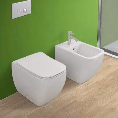 Coppia di sanitari filomuro Metropolitan INBAGNO in ceramica bianco lucido con copriwater ultraslim soft close L: 52,5 cm, P: 40 cm, H: 33,7 cm