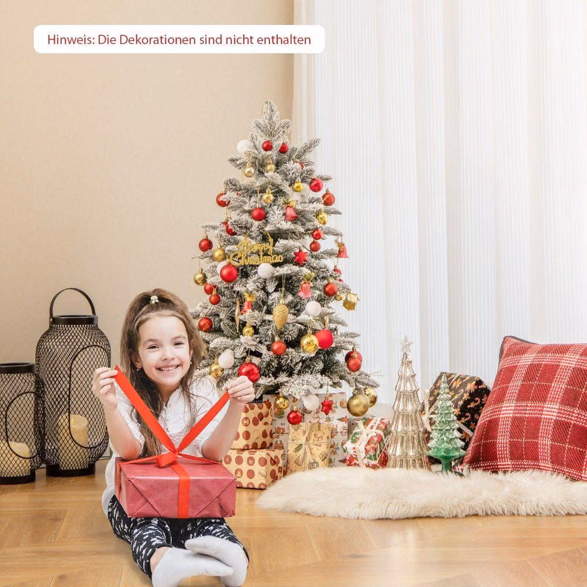 Albero di Natale artificiale di abete floccato da 100 cm con 80 luci LED multicolori