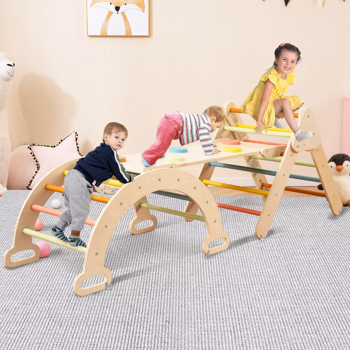 Set di 3 giocattoli da arrampicata Costway per bambini dai 1 anni in su con triangolo e arco color macaron multicolore