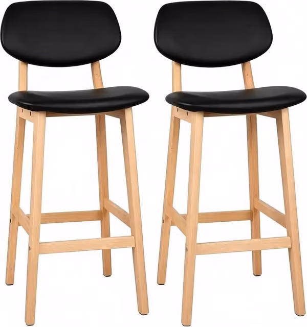 Set di 2 Sgabelli da Bar Neri in Legno Massiccio con Seduta Imbottita in Pelle Sintetica, Altezza 91,5 cm