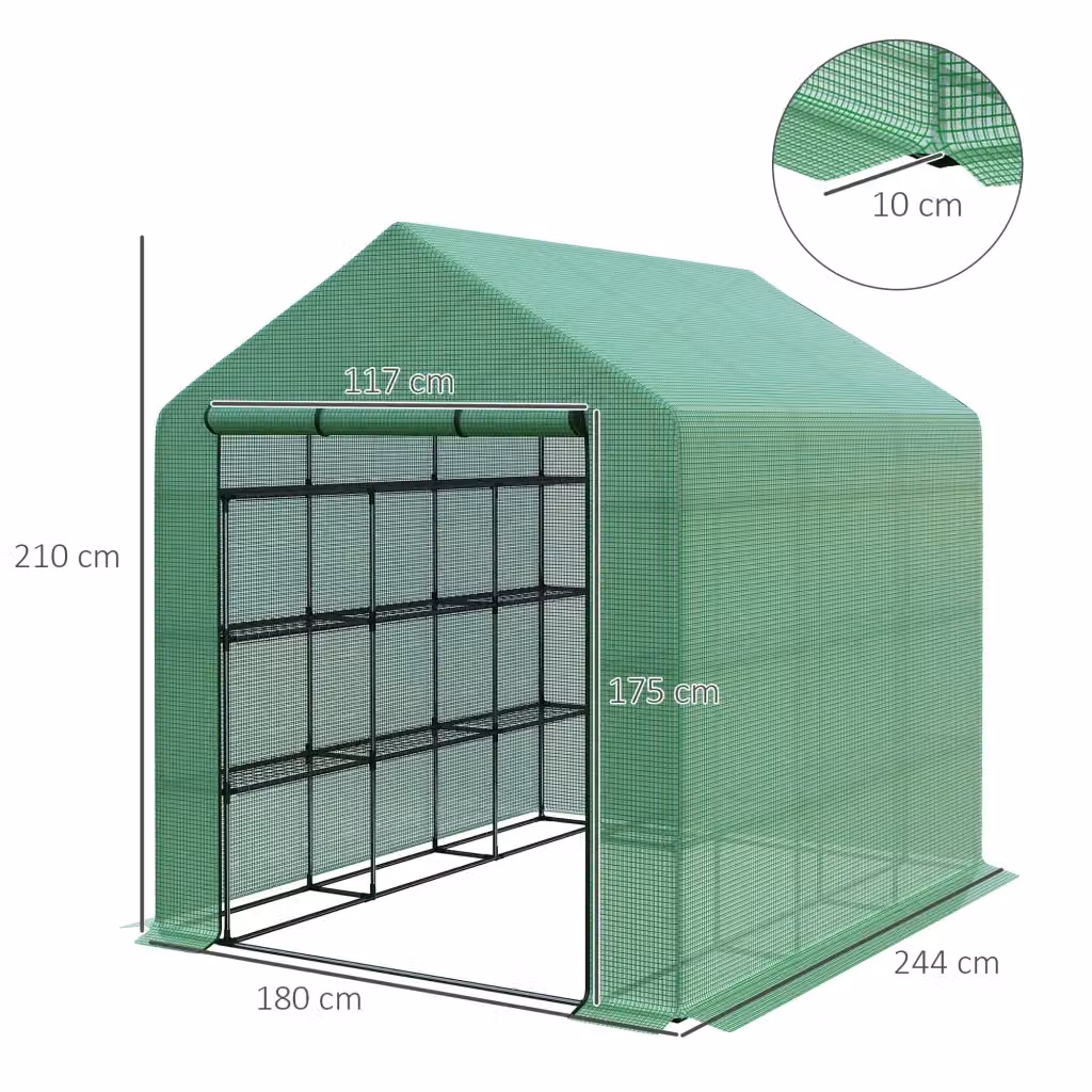 Serra da giardino WISHDOR in acciaio con ripiani e porta arrotolabile, verde, L: 244 cm, P: 210 cm, H: 180 cm – 2