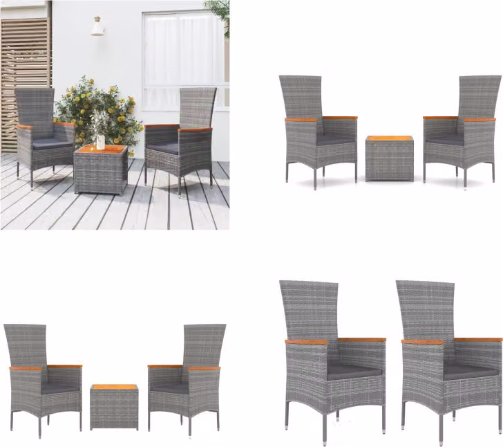 vidaXL Set salotto da giardino 3 pezzi in poly rattan grigio e legno massiccio di acacia - Set salotto da giardino - Set salotto da giardino - Set mobili da giardino
