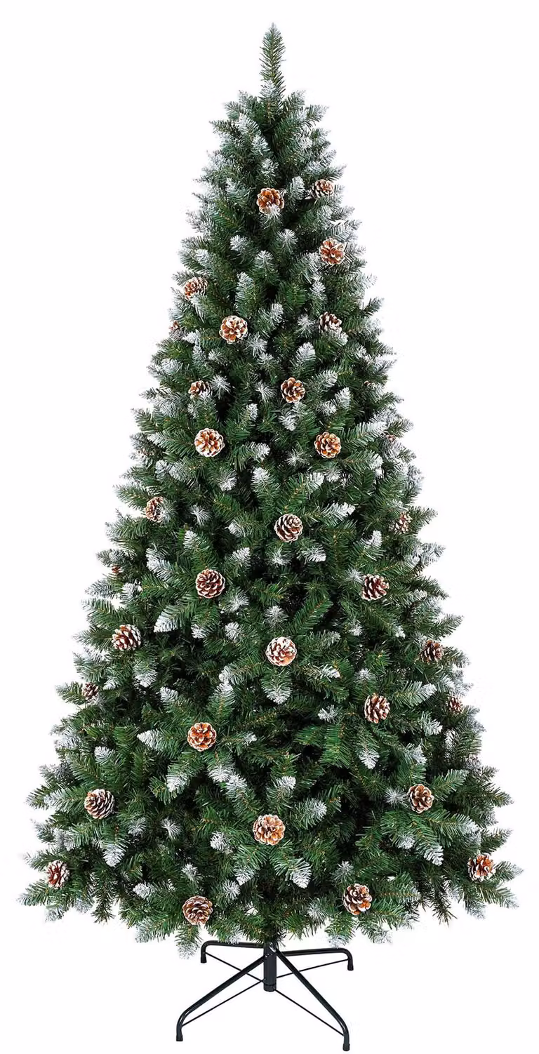 Albero di Natale artificiale, altezza 210 cm, con neve artificiale, decorato con pigne naturali, con fusto in PVC denso e base in metallo