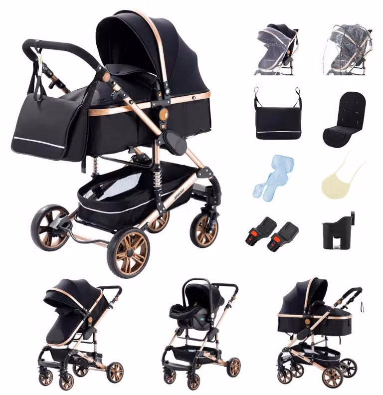 Passeggino, design 3-in-1, ampia visuale, modello 739 color oro e nero
