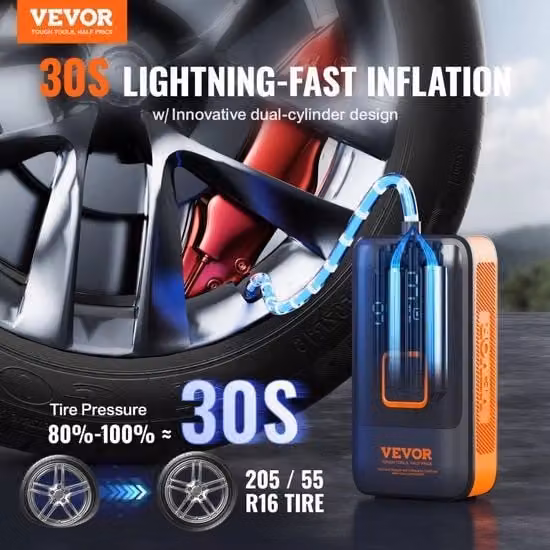 Compressore portatile Dakta nero ricaricabile con 3 batterie da 4000mAh, mini pompa elettrica 150PSI con manometro per auto, bicicletta, motocicletta e palloni, portata 42L/min
