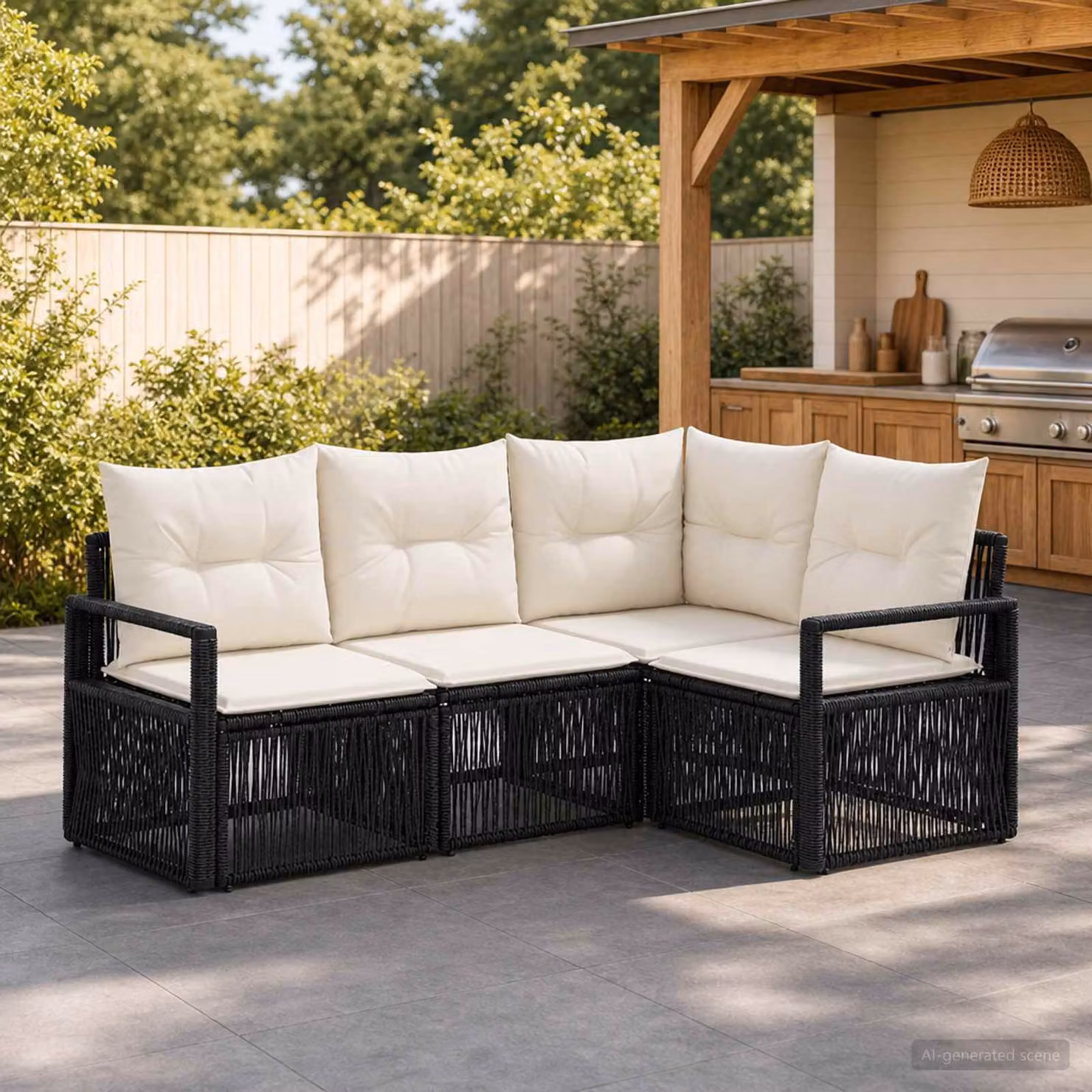 Set Divano da Giardino vidaXL a L con Cuscini Imbottiti e Coperture Rimovibili, Struttura in Metallo e Polyrattan, Nero e Bianco