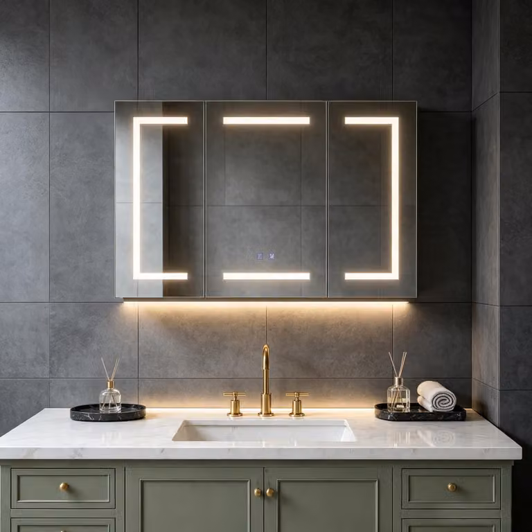 INONEFT, mobiletti specchio da bagno illuminati, mobiletti specchio per il bagno con presa di corrente, mobiletto da bagno con 3 ante e sensore touch LED, colore bianco