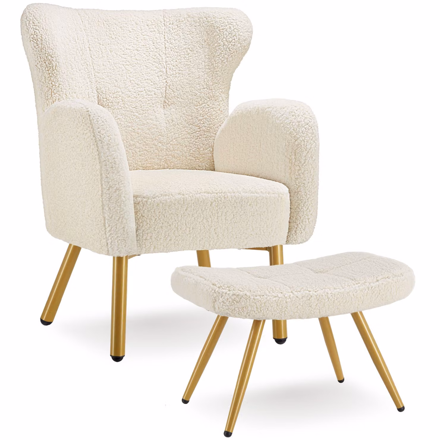 Poltrona con poggiapiedi integrato Tectake in stile scandinavo con rivestimento bouclé beige e oro, L/P/H: 92 x 72 x 71 cm – 1