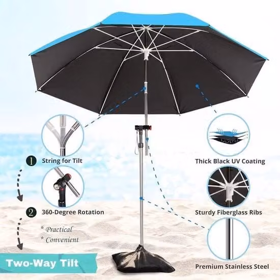 Parasole per spiaggia - Resistente al vento, stabile, protezione UV 50, leggero - Diametro 180 cm, inclusa base di appoggio