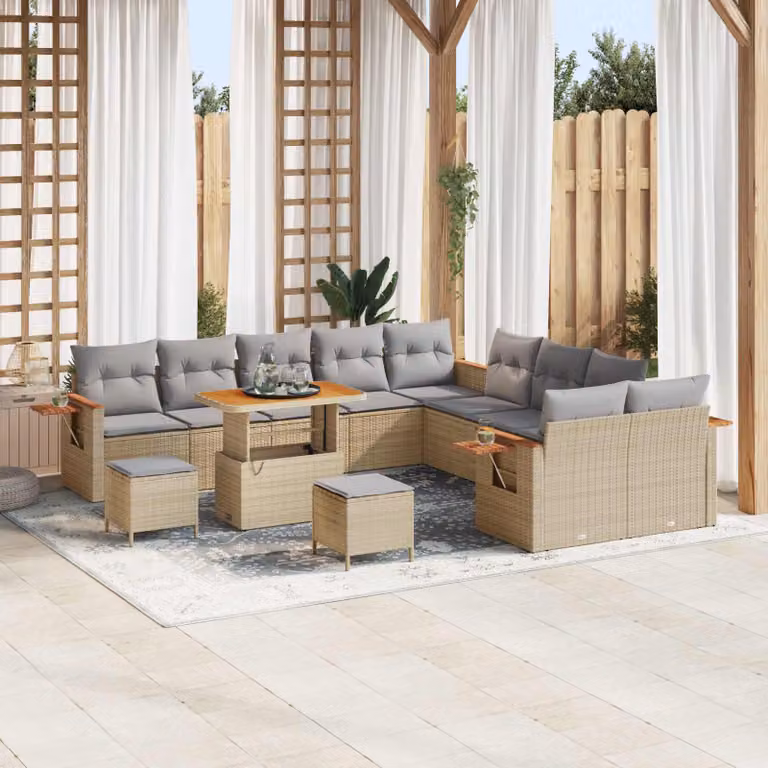 Set Divano da Giardino vidaXL 13 pz in Polyrattan Beige con Cuscini e Tavolino da Esterno