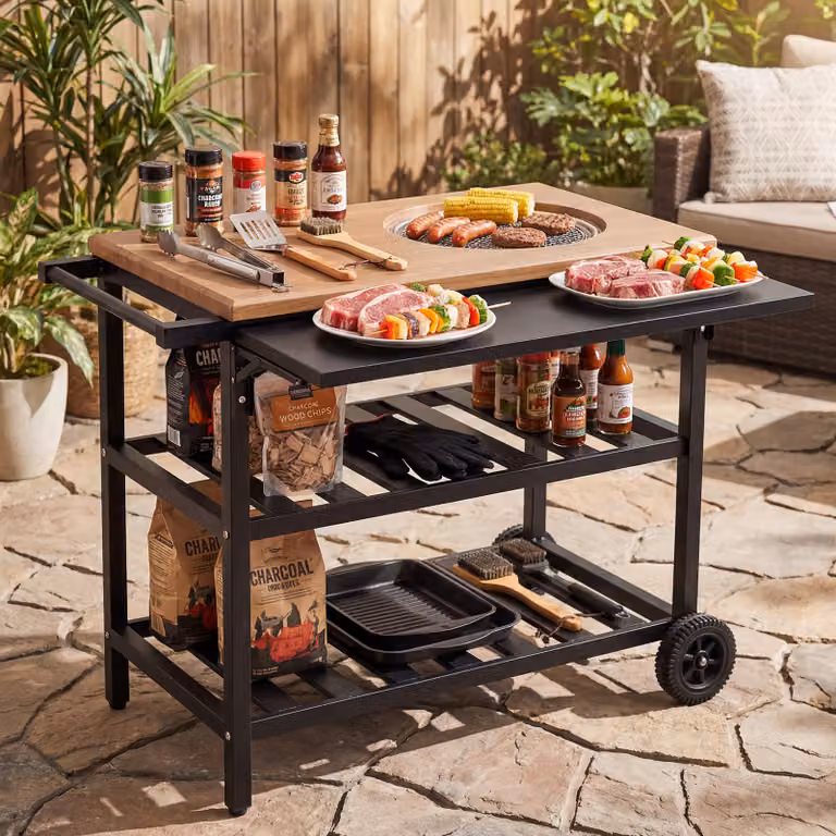 Carrello per barbecue Costway con forno smontabile, griglie e teglie in metallo, nero e argento con ruote