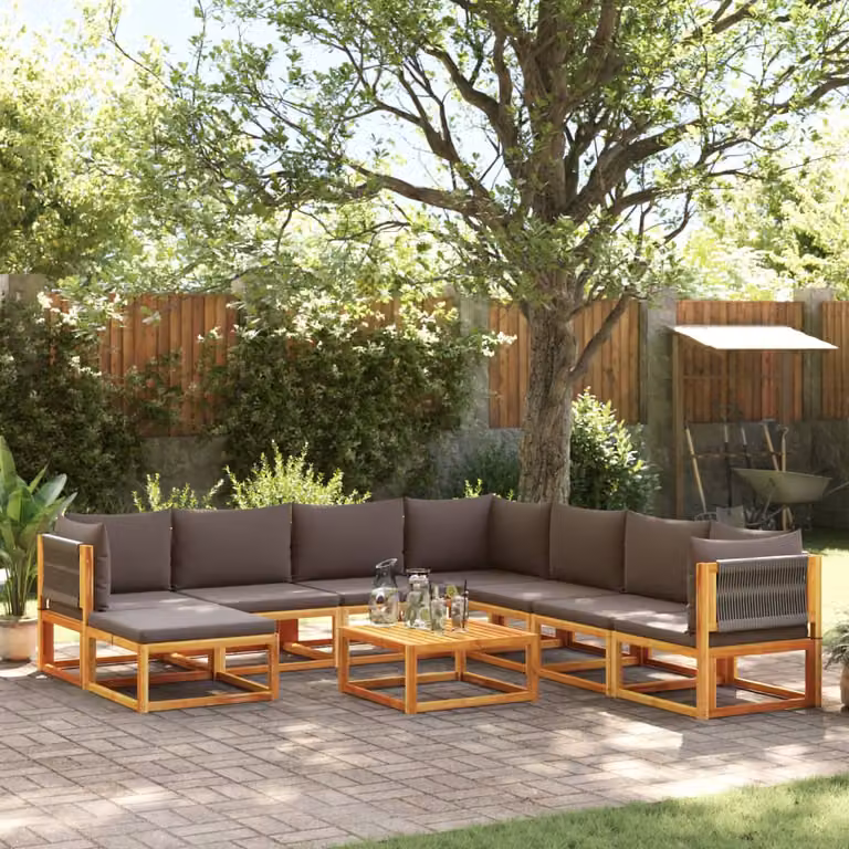 vidaXL Set di divani da giardino 9 pezzi a forma di L in legno di acacia con cuscini grigi e marroni