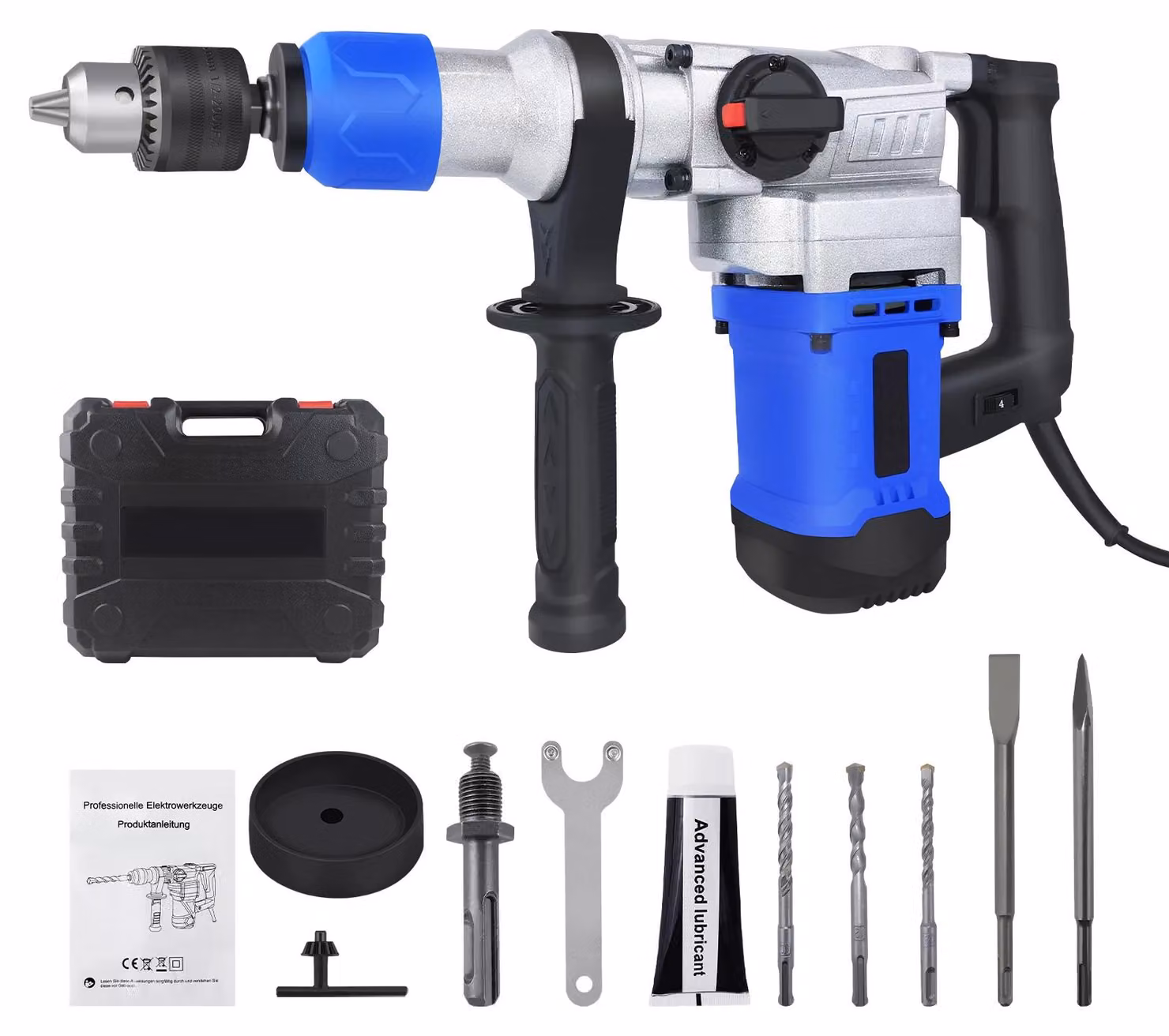 Trapano avvitatore a percussione elettrico - 6 velocità - alimentazione a corrente alternata 230V - sistema SDS Plus con scalpelli e punte - fornito in valigetta - colore blu