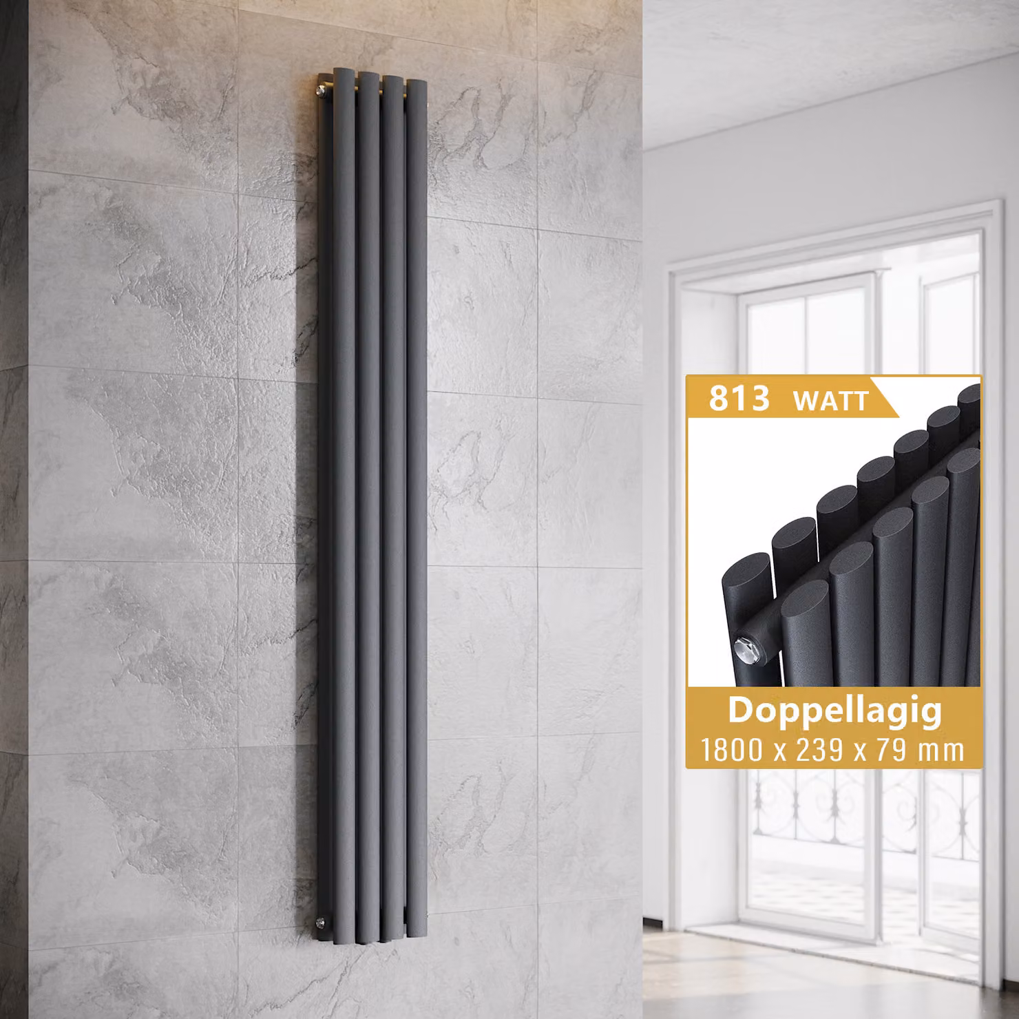 SONNI Radiatore a piastre verticali, radiatore a tubi a doppio strato, colore antracite, dimensioni 1800x239 mm, senza resistenza riscaldante