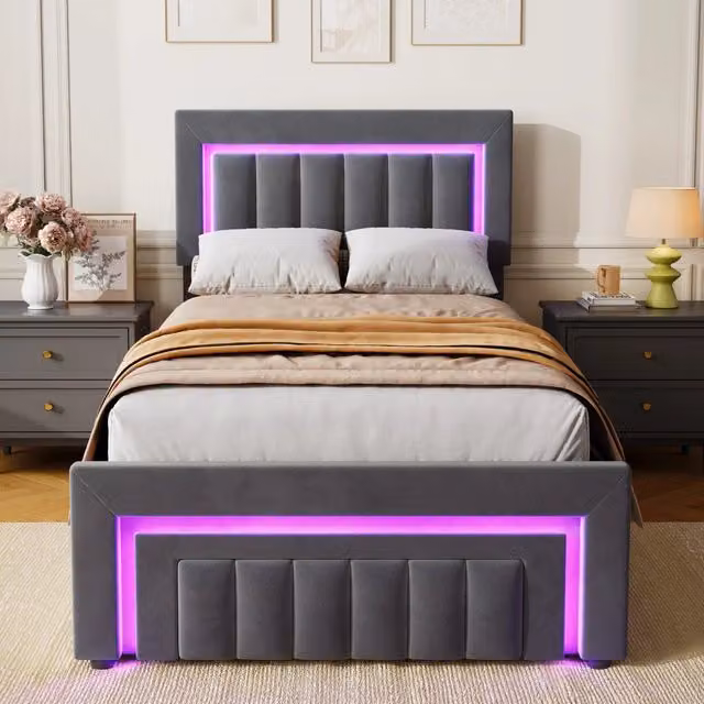 Letto singolo imbottito in velluto grigio con LED e contenitore 90x200 cm