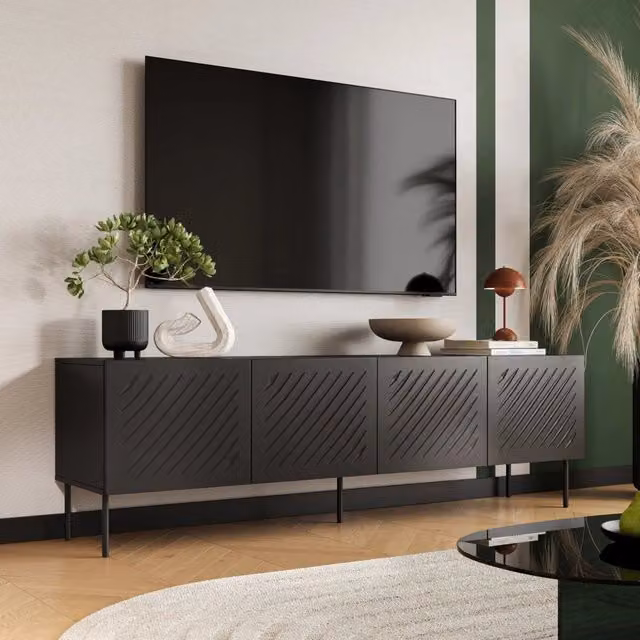 Mobile porta TV moderno DMORA Ronca in legno nero opaco L: 200.5 cm, P: 42 cm, H: 60 cm – 1