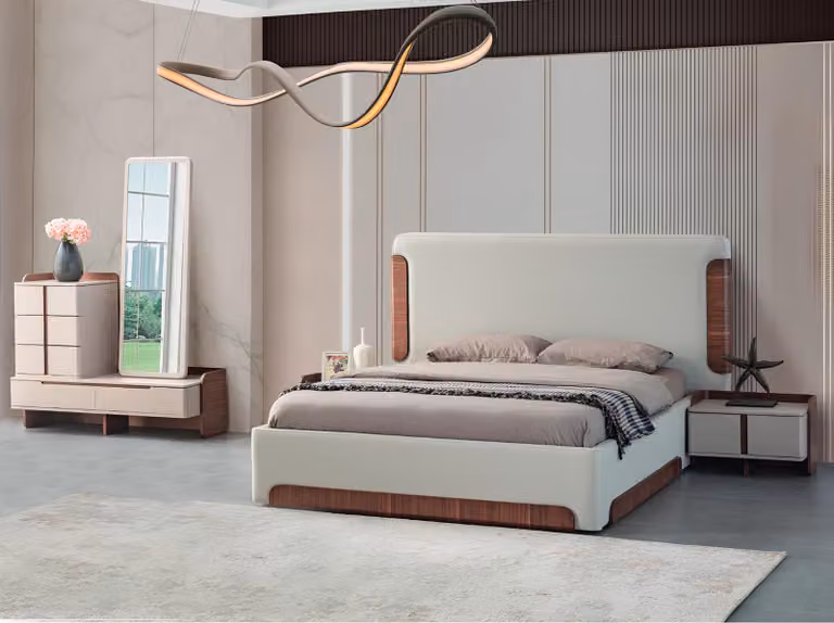 Stilvolle Beige Schlafzimmer Möbel Polster Doppelbett Schminktisch 5tlg