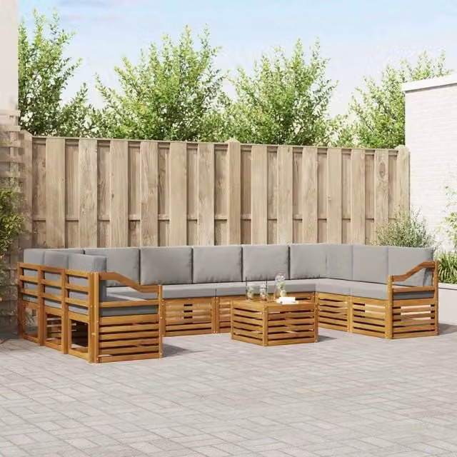 Set di divani da esterno vidaXL a forma di L in legno di acacia con cuscini grigi e tavolino da giardino – 1