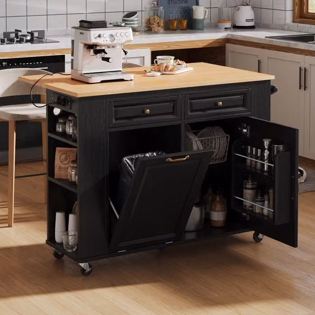 Isola da cucina su ruote con piano estraibile; prese elettriche; vano pattumiera e portasalviette; nero; 120x40-70 cm