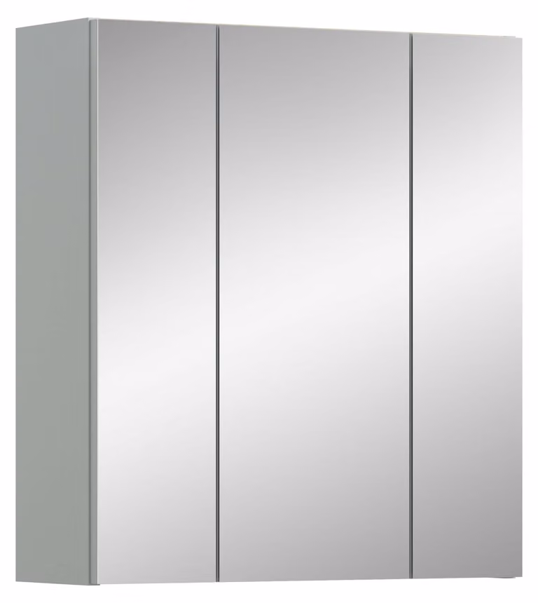 Mobile contenitore a specchio, dimensioni 60x68x19 cm, 3 ante, 6 ripiani, colore verde chiaro/effetto legno chiaro