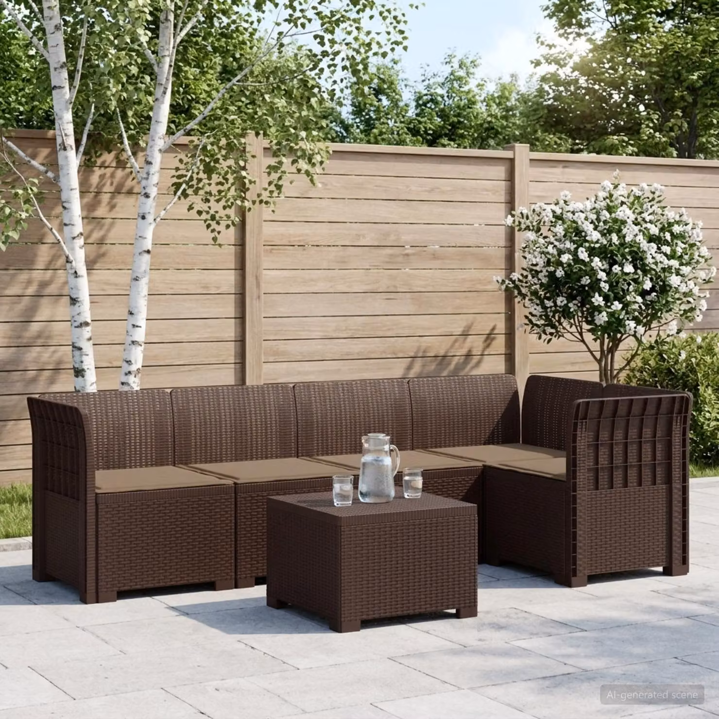 Set da giardino vidaXL a forma di L con divano da 3 posti, divano da 2 posti, elemento angolare, tavolino da caffè e cuscini, in polyrattan marrone e beige con coperture rimovibili e resistenti ai raggi UV