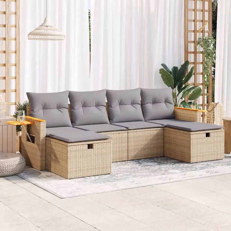 Set Divano da Giardino L-Shape vidaXL in Polyrattan con Cuscini Beige e Struttura in Acciaio e Legno di Acacia