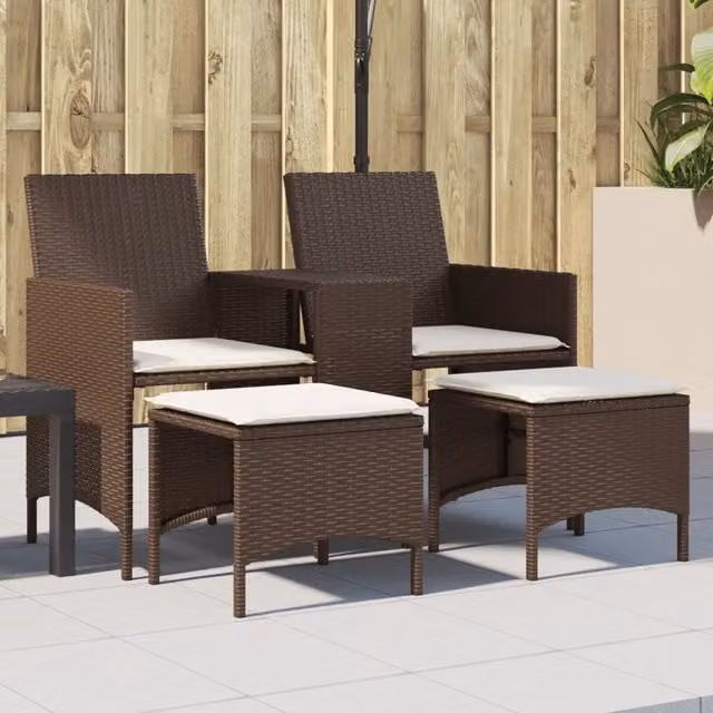Divano Giardino 2 Posti con Tavolo e Sgabell-Sofa da Giardino-Divanetto da esternoi Marrone Polyrattan 667148