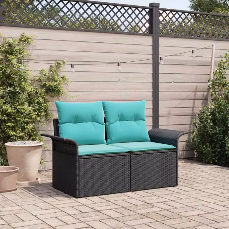 Divano da giardino a forma di U vidaXL in polyrattan con cuscini, nero e turchese