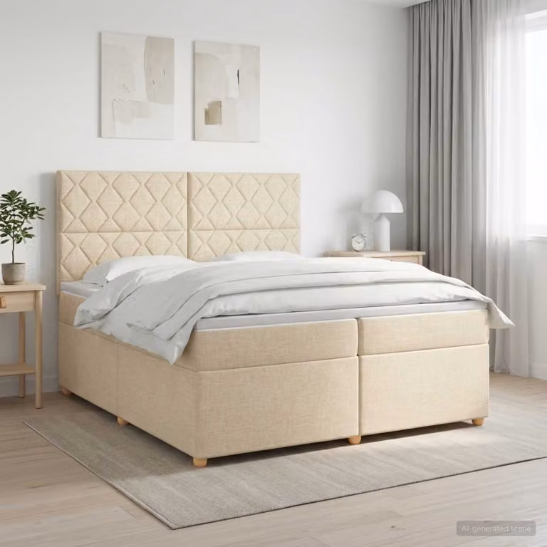 Letto box spring con materasso ibrido vidaXL in tessuto beige e bianco, L/P/H: 200 x 200 x 76,5 cm