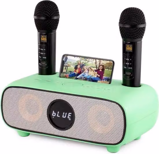Kit Karaoke BricoBravo con 2 Microfoni Senza Fili, Bluetooth e USB, Colore Verde