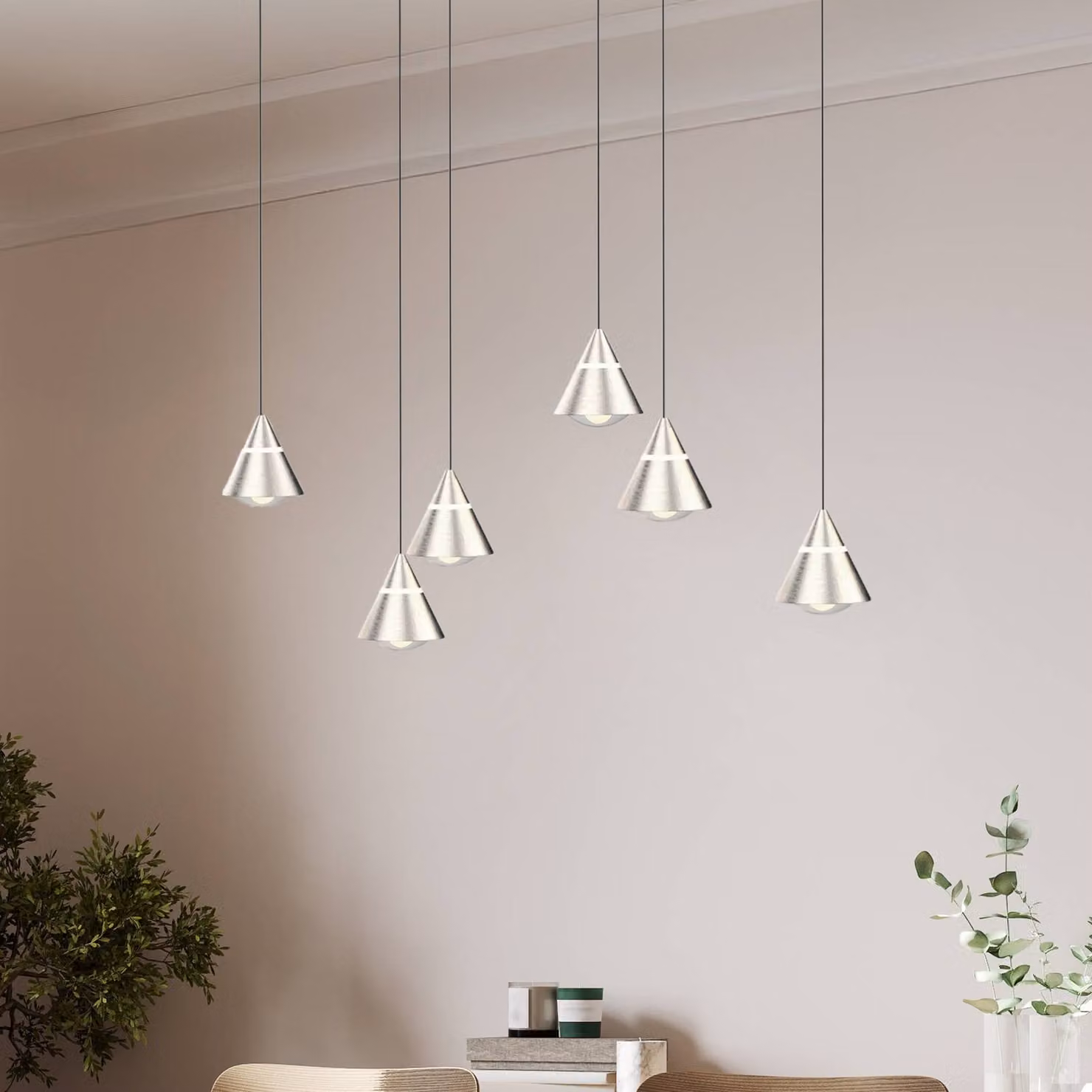 Trio Lighting Lampada LED a sospensione Romeo, lunghezza 75 cm, metallo color nichel, 6 Romeo, Alluminio / Grigio / Zincato, Soggiorno / Sala da pranzo, Metallo, Moderno