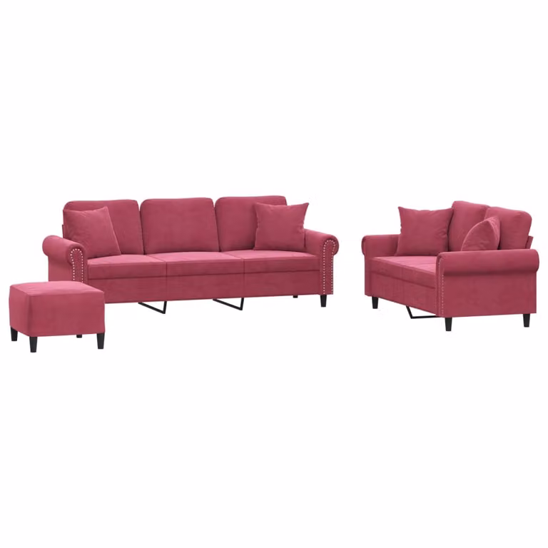 Set di Divani 3 pz con Cuscini Rosso Vino in Velluto