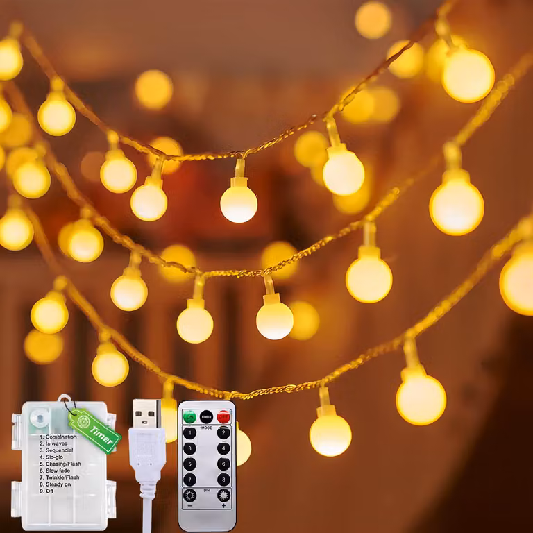 Catena luminosa da 12 metri, 100 LED, 8 modalità, timer, grado di protezione IP44, luce bianco caldo