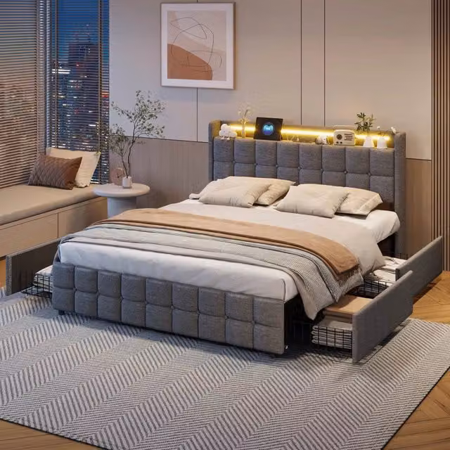Letto Matrimoniale 160x200 cm con 4 Cassetti; Struttura Letto Imbottito con Luci LED e Porta USB; Testiera in Lino; Senza Materasso; Grigio