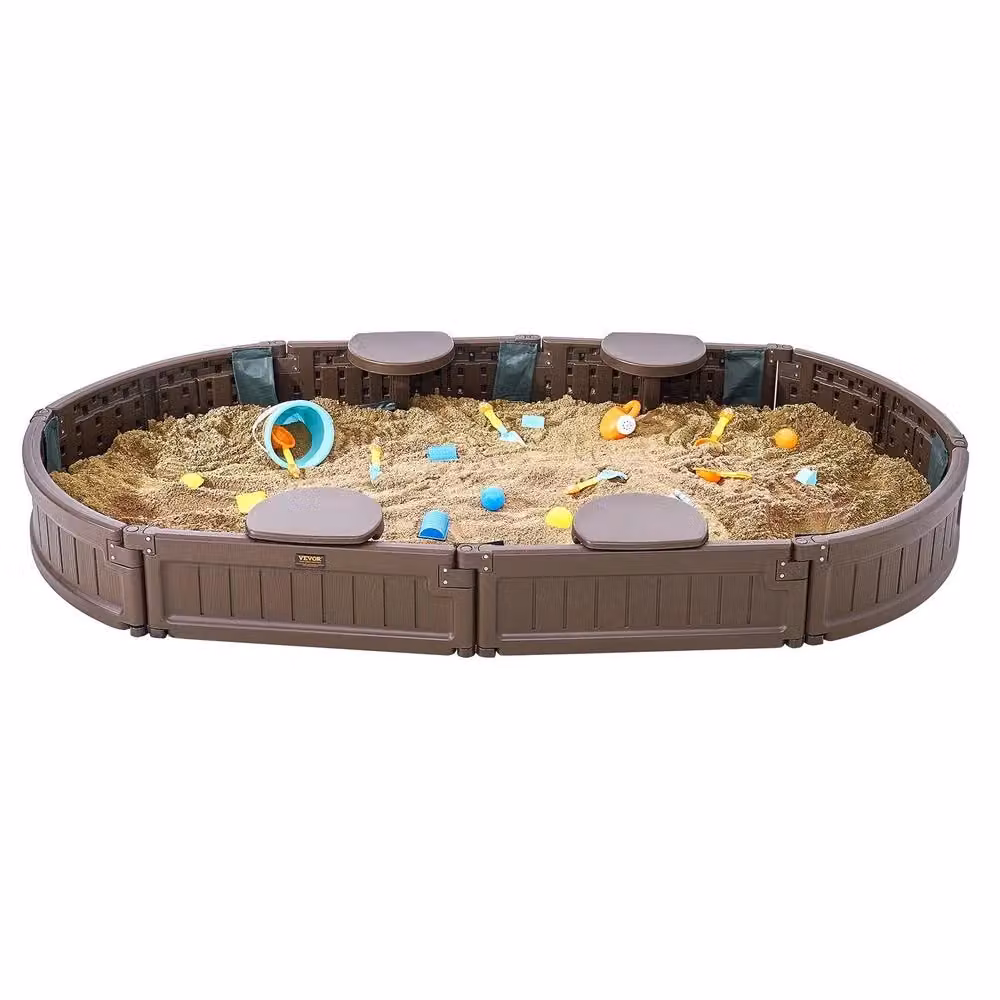 Sabbiera ovale con coperchio in HDPE marrone per 4 bambini, ideale per angoli, L: 183 cm, P: 105,5 cm, H: 23 cm – 2