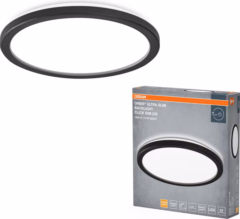 OSRAM ORBIS Ultra Slim plafoniera 235mm, nero, 15W, 1640lm, luce bianca calda omogenea (3000K) + luce di fondo, dimmerabilità a tre livelli tramite interruttore a parete, ultrapiatto, classe di protezione IP20
