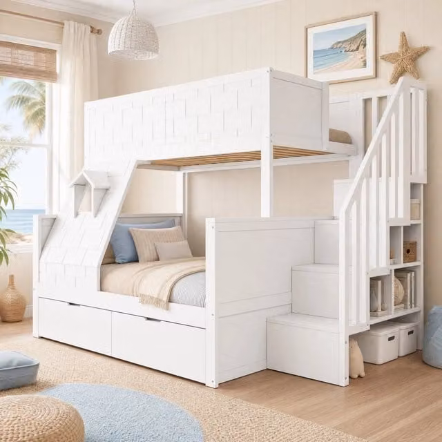 Letto a castello Mivray in legno bianco con scala contenitore, due cassetti e struttura a casetta per cameretta bambini, dimensioni L/P/H: 251.9 x 147.0 x 166.0 cm