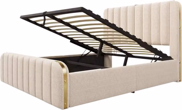 Letto matrimoniale imbottito 140x200 cm con testiera beige in lino, strisce decorative dorate e funzione di ricarica USB Tipo-C, contenitore idraulico