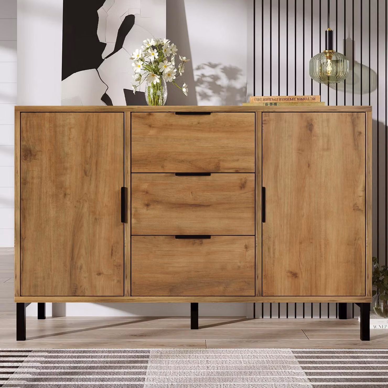 Comodino/Credenza in legno, 2 ante, 3 cassetti, 120x40x76 cm, stile industriale