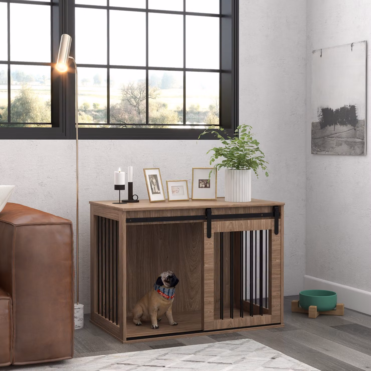 Casetta per cani grandi PawHut in legno marrone con porta scorrevole per interno, L 98 cm x P 58 cm x H 61 cm – 2