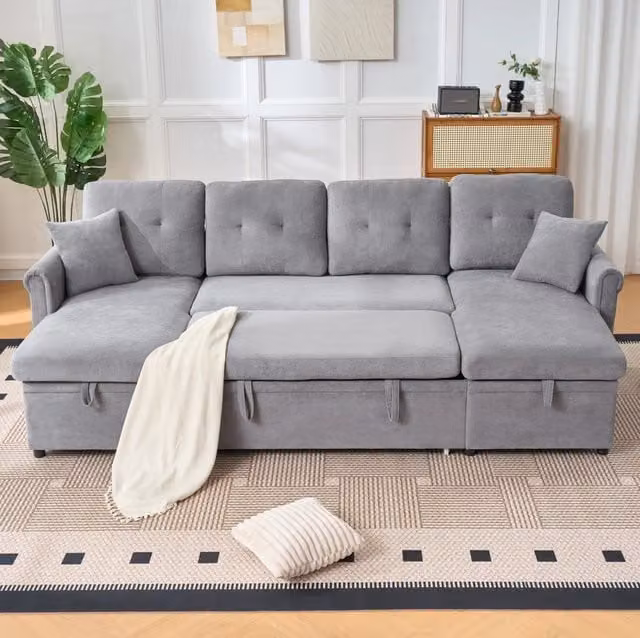 Divano angolare a U con funzione letto e contenitore, grande divano grigio in tessuto chenille per soggiorno o camera ospiti