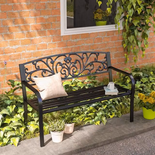 Panchina da giardino REDOM a 2 posti in metallo nero con braccioli L/P/H: 127 x 60 x 87 cm – 1