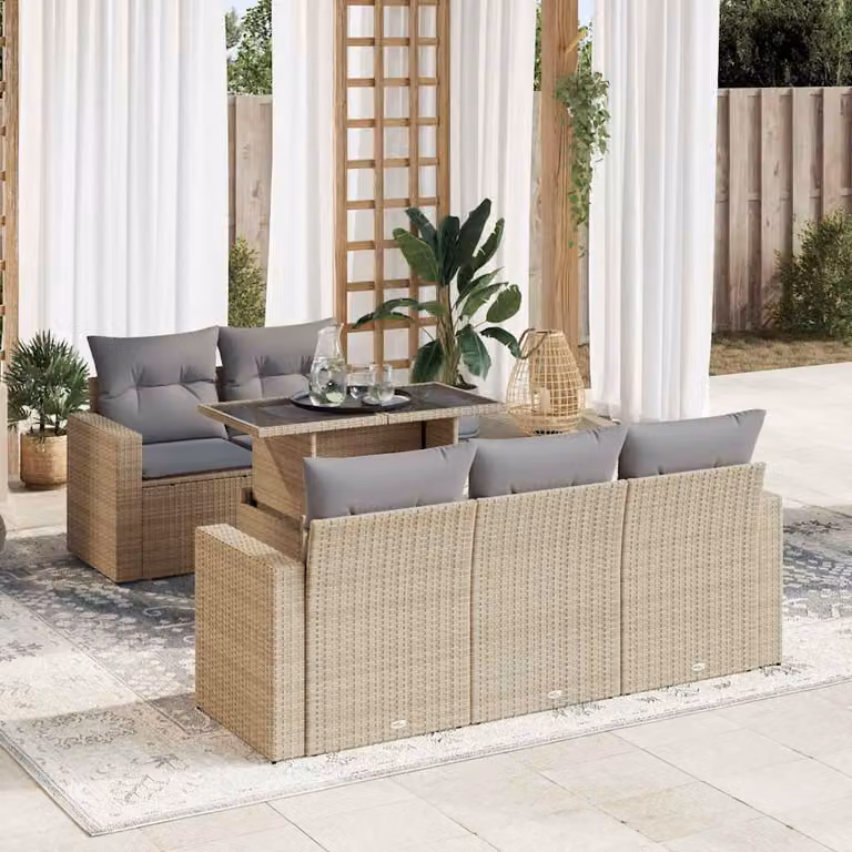 Set Divano da Giardino vidaXL a Forma di L in Polyrattan con Cuscini Beige e Tavolino, 6 Pezzi