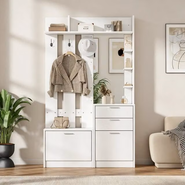 Mobile da ingresso OKWISH bianco con specchio, 2 cassetti, 2 scarpieri ribaltabili, 3 ganci e ripiani interni in MDF, L/P/H: 110 x 34 x 185 cm – 1