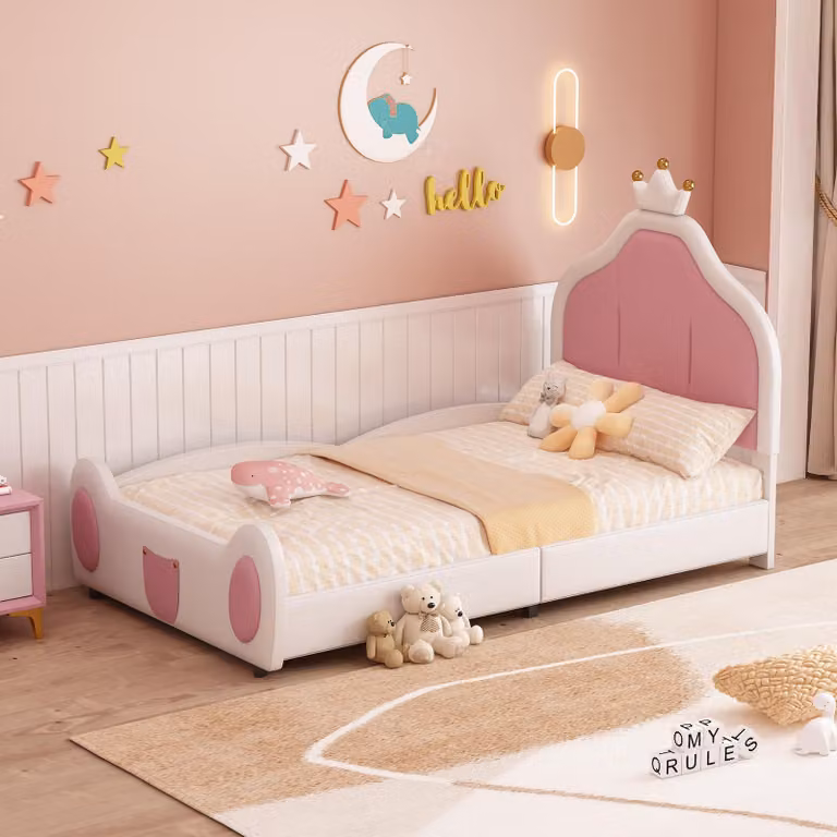 Letto imbottito Fortuna Lai per bambini, 90*200 cm, testiera con cornice, design infantile con listelli alla testiera e ai piedi del letto, design patchwork bicolore, tessuto in Pelle finta, bianco