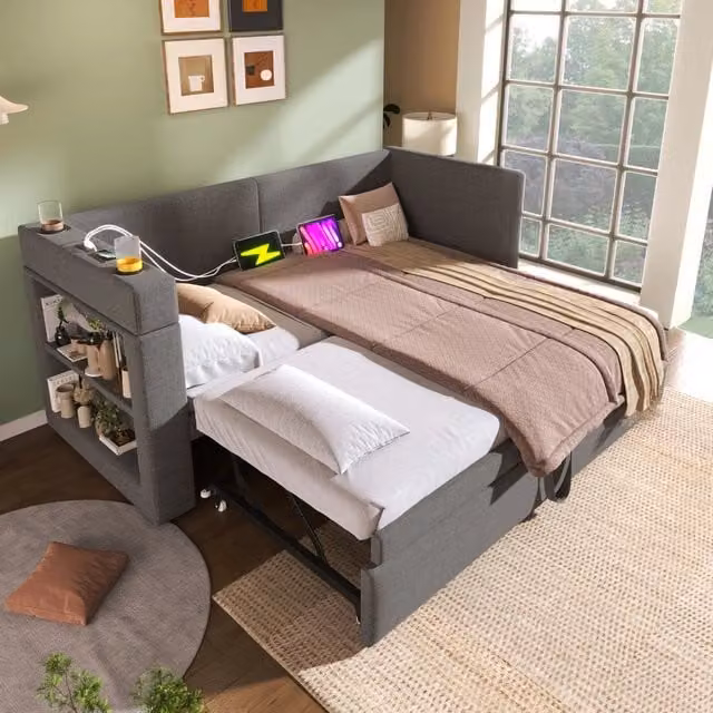 Divano letto singolo 90x200 cm con letto estraibile, tessuto lino misto grigio, braccioli con stazione di ricarica USB e porta bicchieri, senza materasso