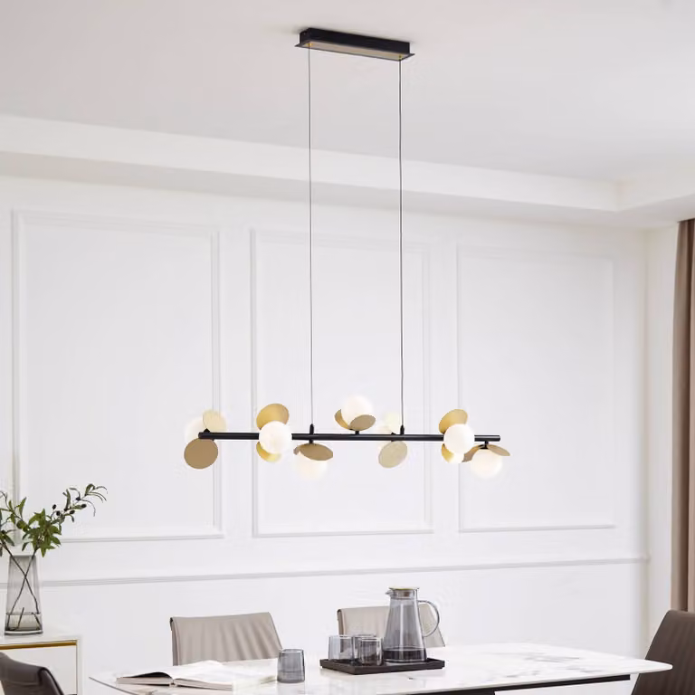 Lucande Lampada a sospensione Pallo, 7 luci, nero/oro, vetro Pallo Lucande, dimmerabile, Nero, Soggiorno / Sala da pranzo, Metallo, Moderno